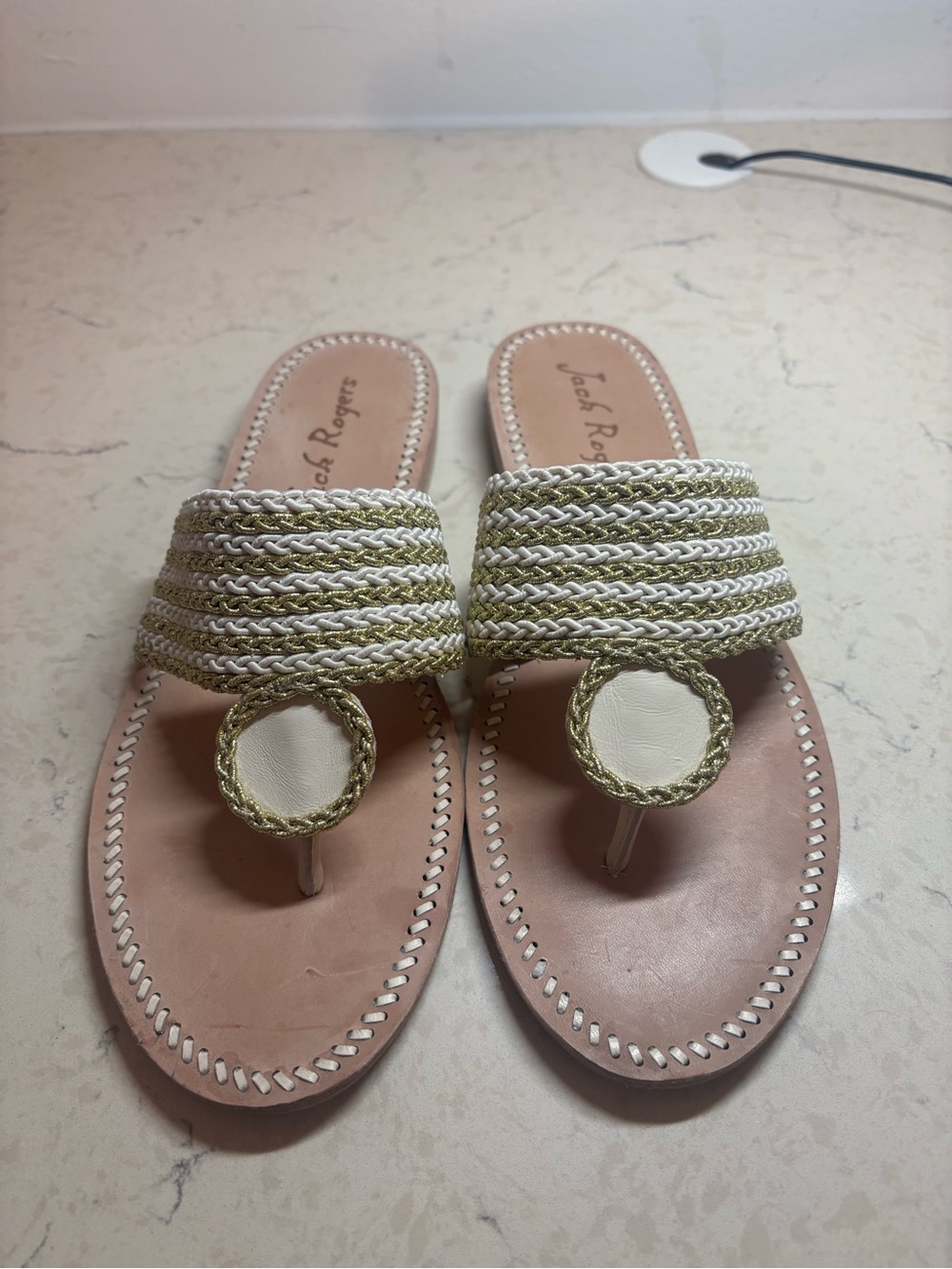 Jack Roger | Women's Tan & White | Braided Toe-Post Thongs | Size 10